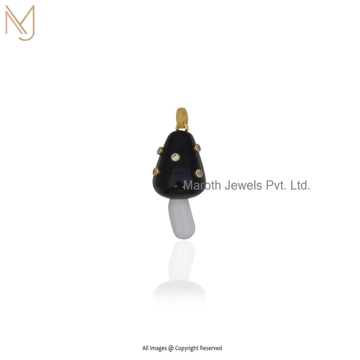 Private Lable 925 Silver Yellow Gold Plated Cubic Zircon & Black Onyx Gemstone Mushroom Pendant