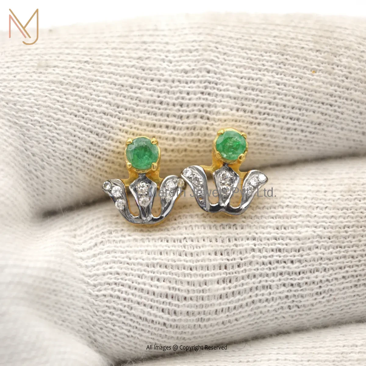 925 Silver Rhodium Yellow Gold Plated Pave Diamond Emerald Gemstone Stud Earring Manufacturer
