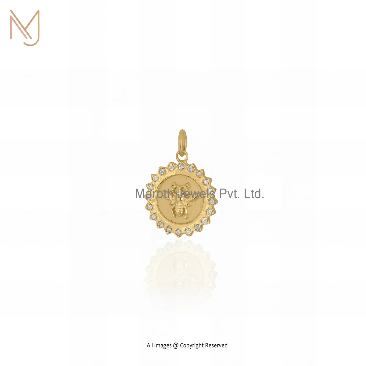 14K Yellow Gold Plated Cubic Zircon Bee Disc Charm Pendant Jewelry Supplier