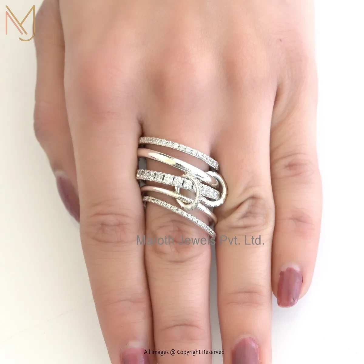 14K White Gold Cubic Zircon Connector Band Ring Manufacturer