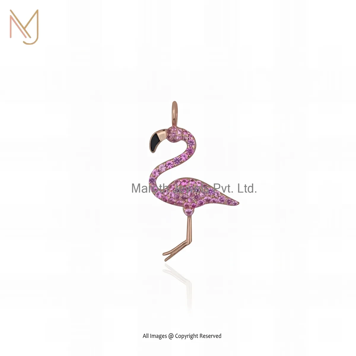 Private Lable 925 Silver Rose Gold Plated Pink Sapphire And Black Enamel Bird Pendant