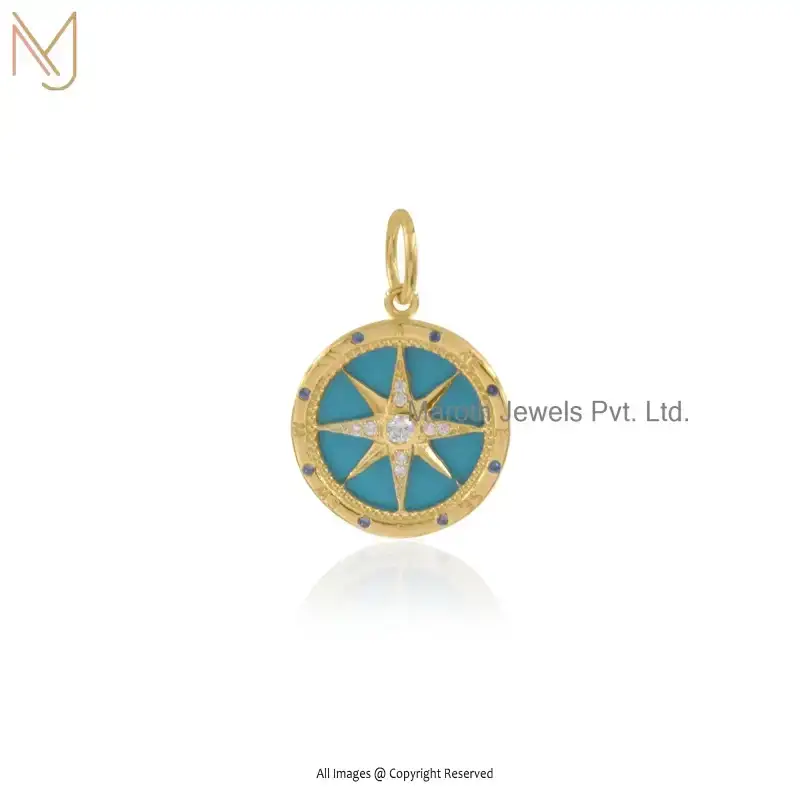925 Silver Yellow Gold Plated Turquoise Cubic Zircon Gemstone Compass Pendant Manufacturer