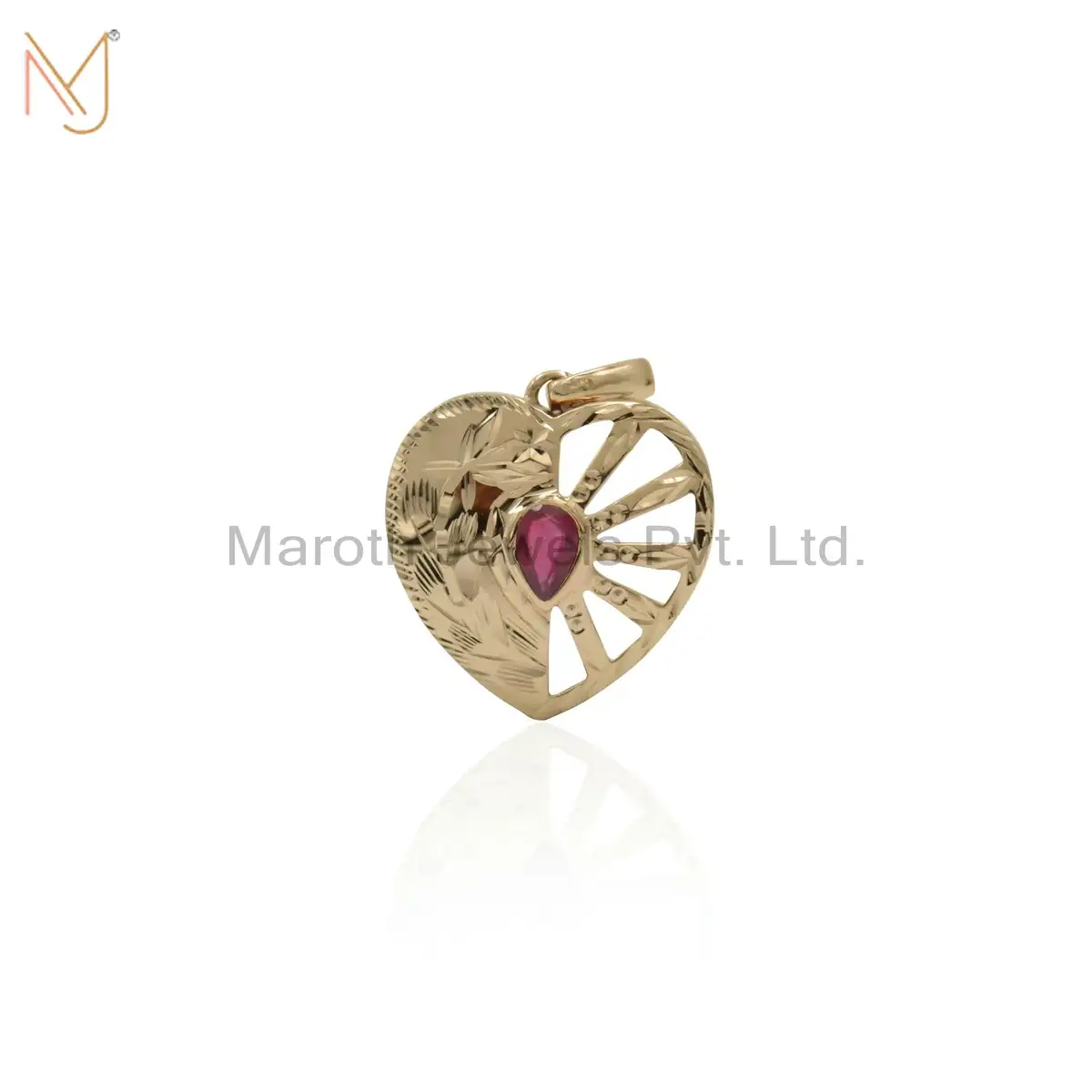 925 Silver Yellow Gold Diamond & Ruby Heart Pendant Jewelry Manufacturer