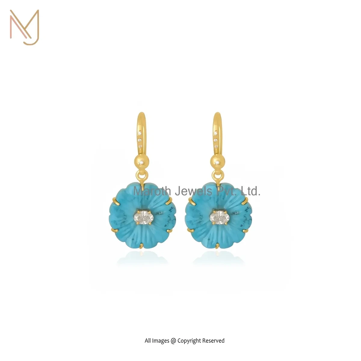 14K Yellow Gold Turquoise And Moissanite & Cubic Zircon Flower Stud Earring USA