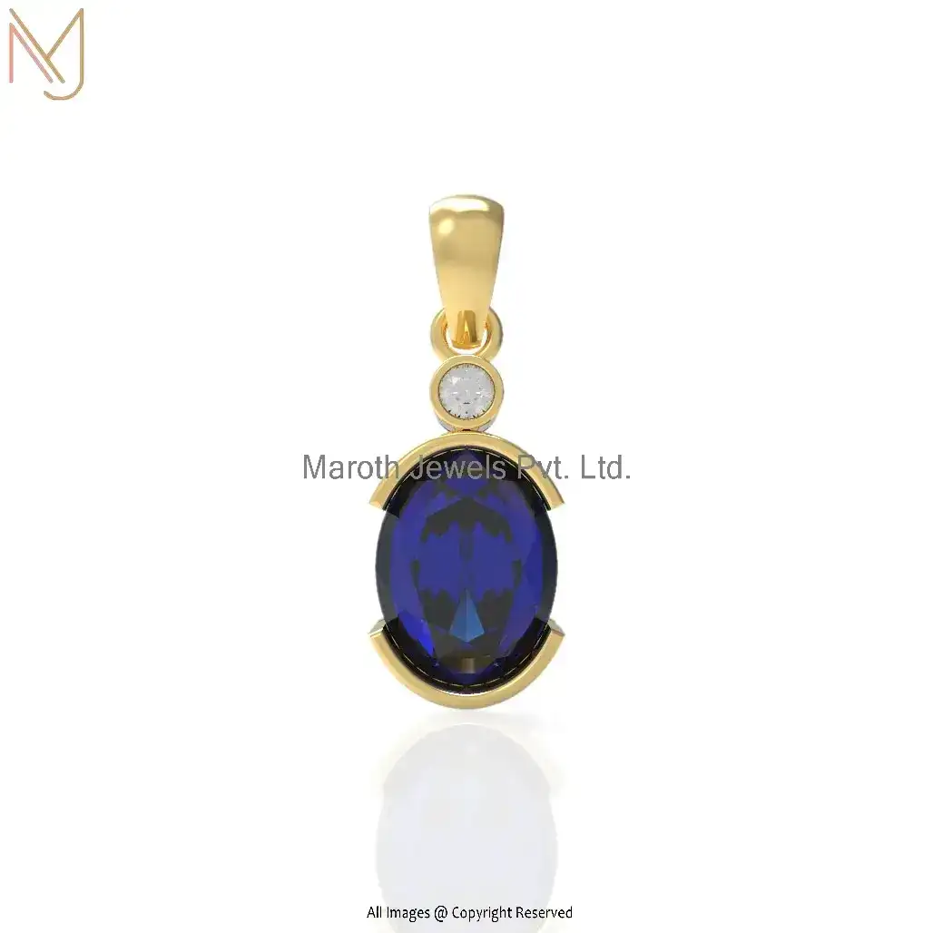 925 Silver Yellow Gold Plated Diamond Blue Sapphire Pendant Jewelry Supplier
