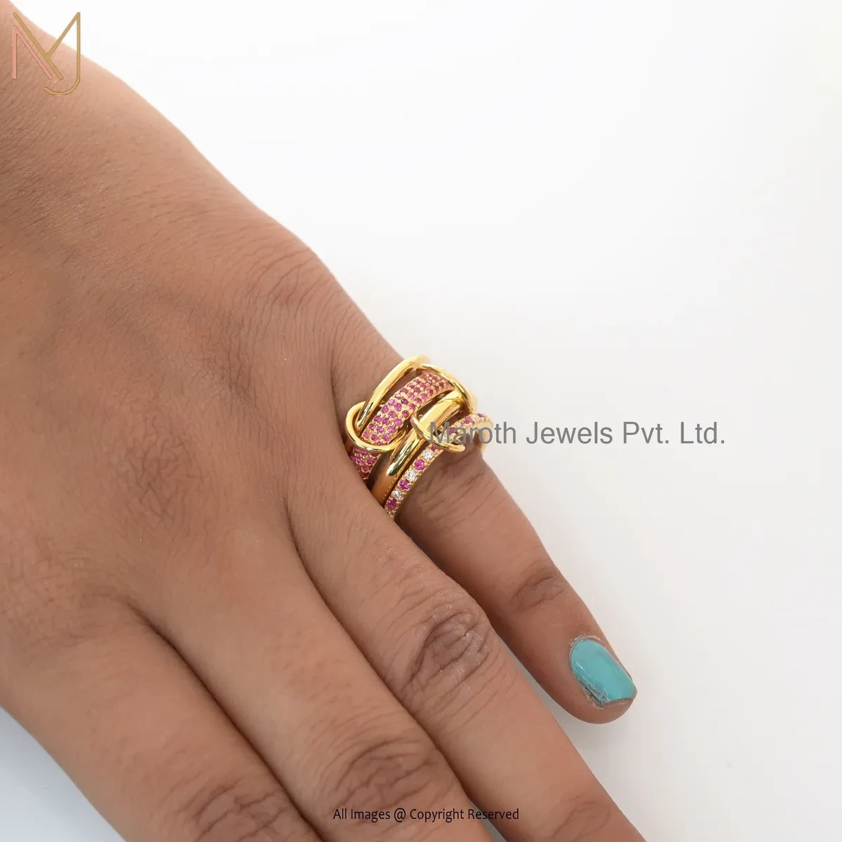 14K Yellow Gold Cubic Zircon Multi Link Cannector Band Ring Jewelry USA