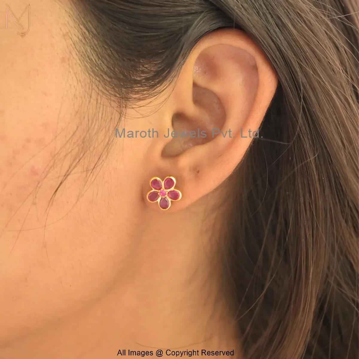 925 Silver Yellow Gold Plated Ruby Cubic ZIrcon Flower Stud Earring Manufacturer