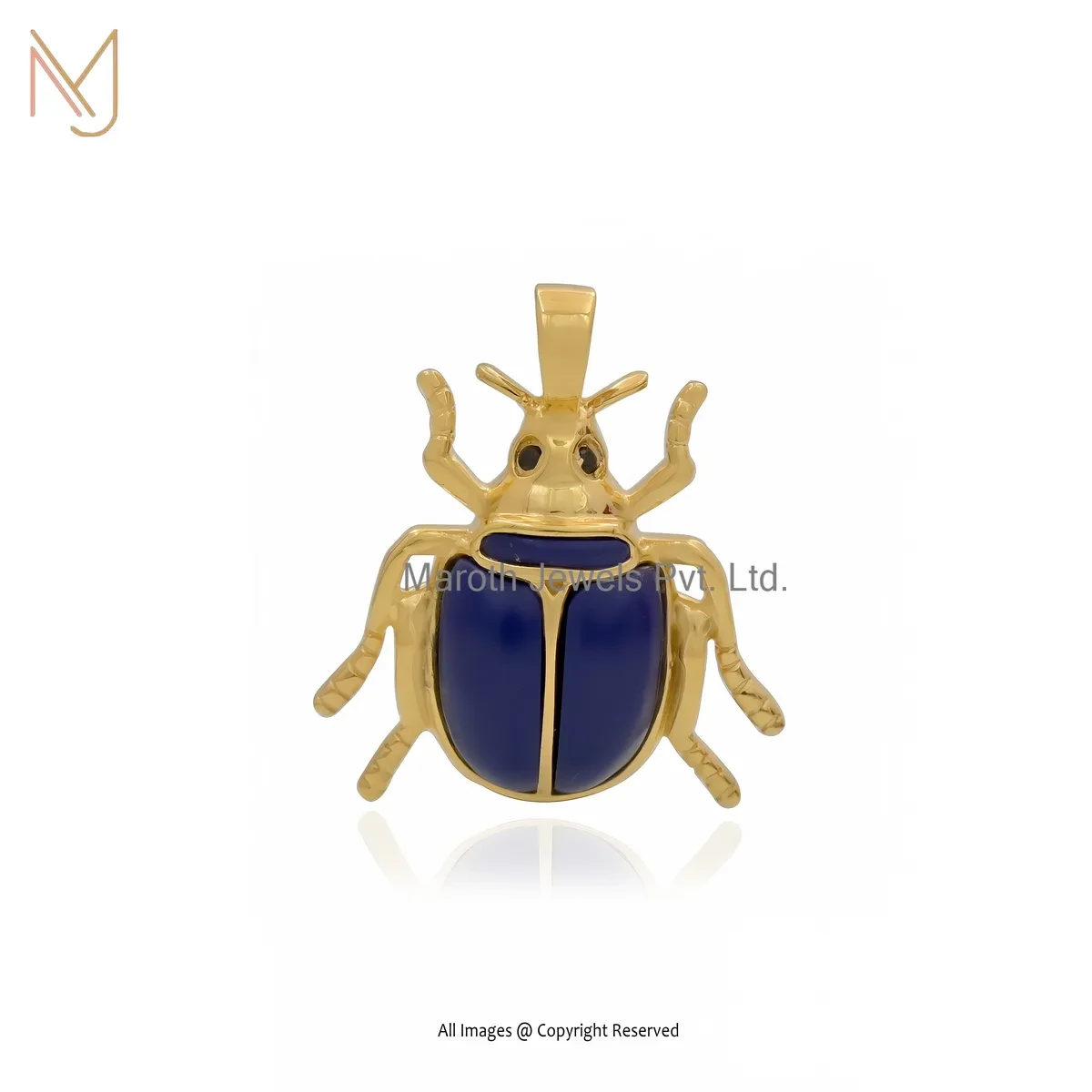 Private Lable 14K Yellow Gold Lapiz Lazuli & Black Cubic Zircon Scarab Pendant