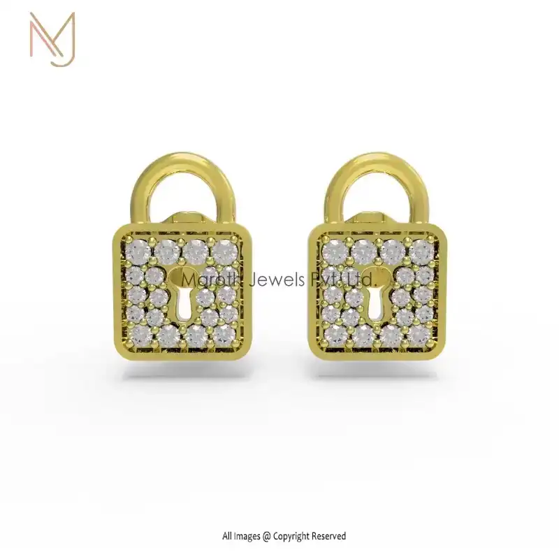 925 Silver Gold Pave Diamond Lock Shape Studs Earring Jewelry Custom Jewelry