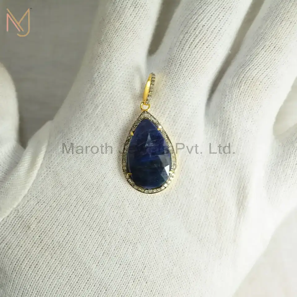 925 Sterling Silver Rhodium Pave Diamond Blue Sapphire Gemstone Pendant Jewelry Manufacturer