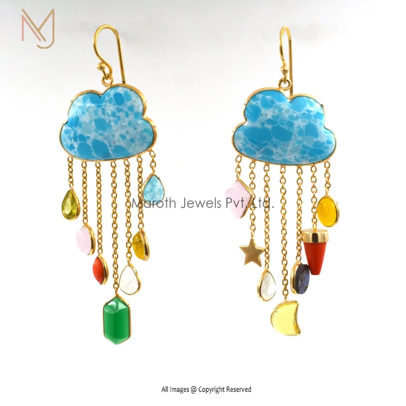 14k Gold Chrysoprase Multi Gemstone Cloud Earrings Manufacturer