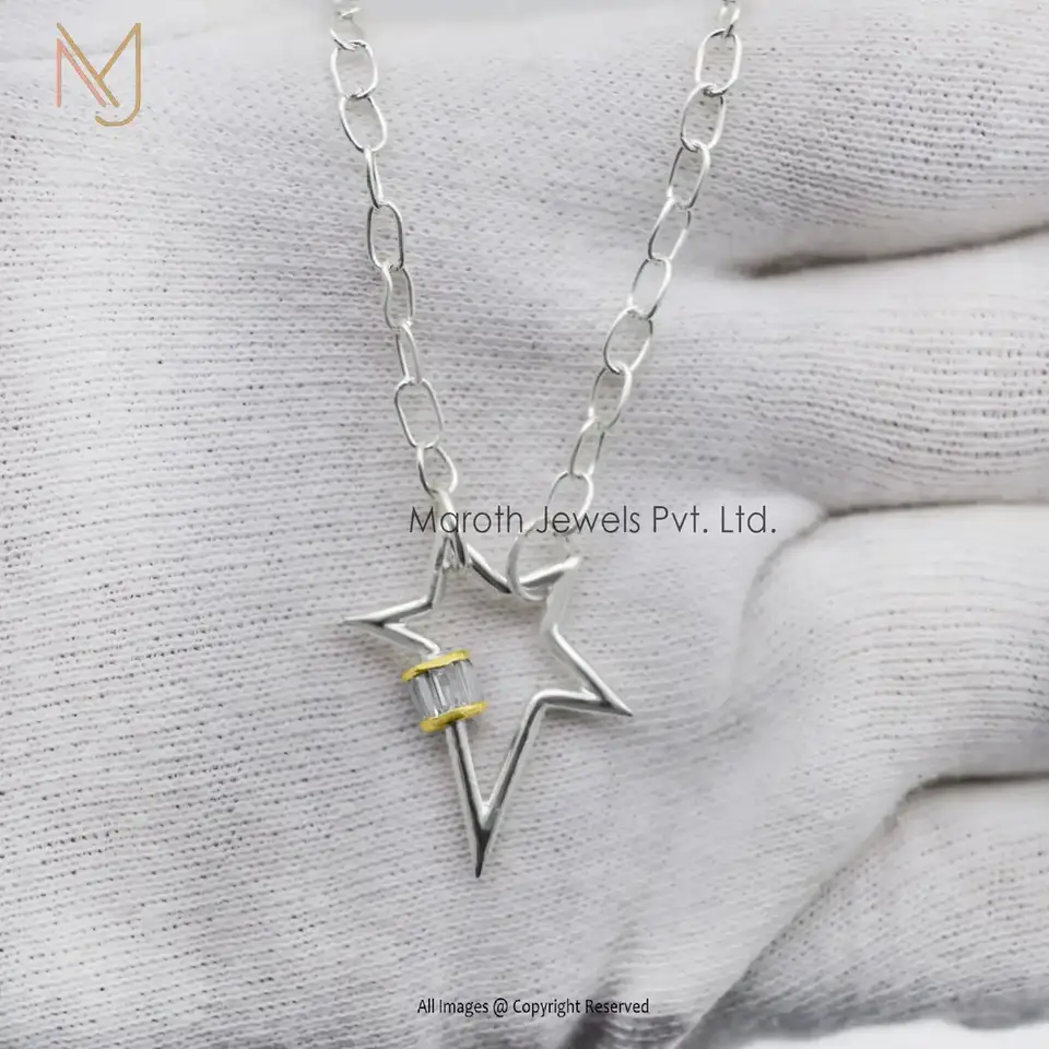 Wholesale 925 Silver Yellow Gold Plated White Topaz Baguettes Star Carabiner Lock