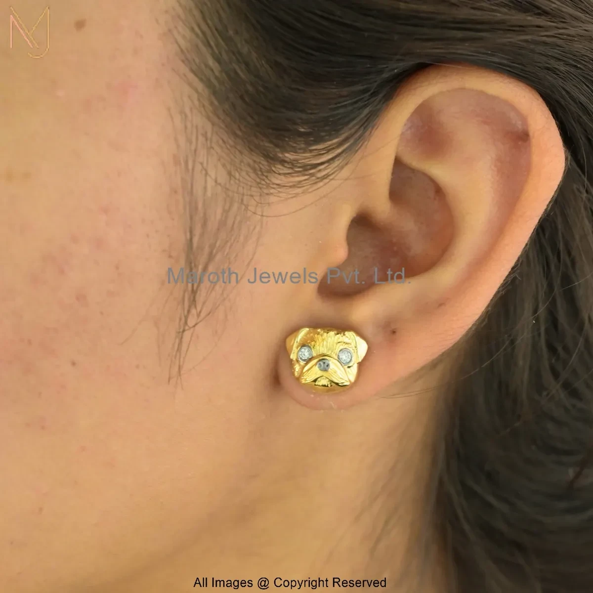 925 Silver Yellow Gold Plated Cubic Zircon Pug Face Stud Earring Jewelry Supplier