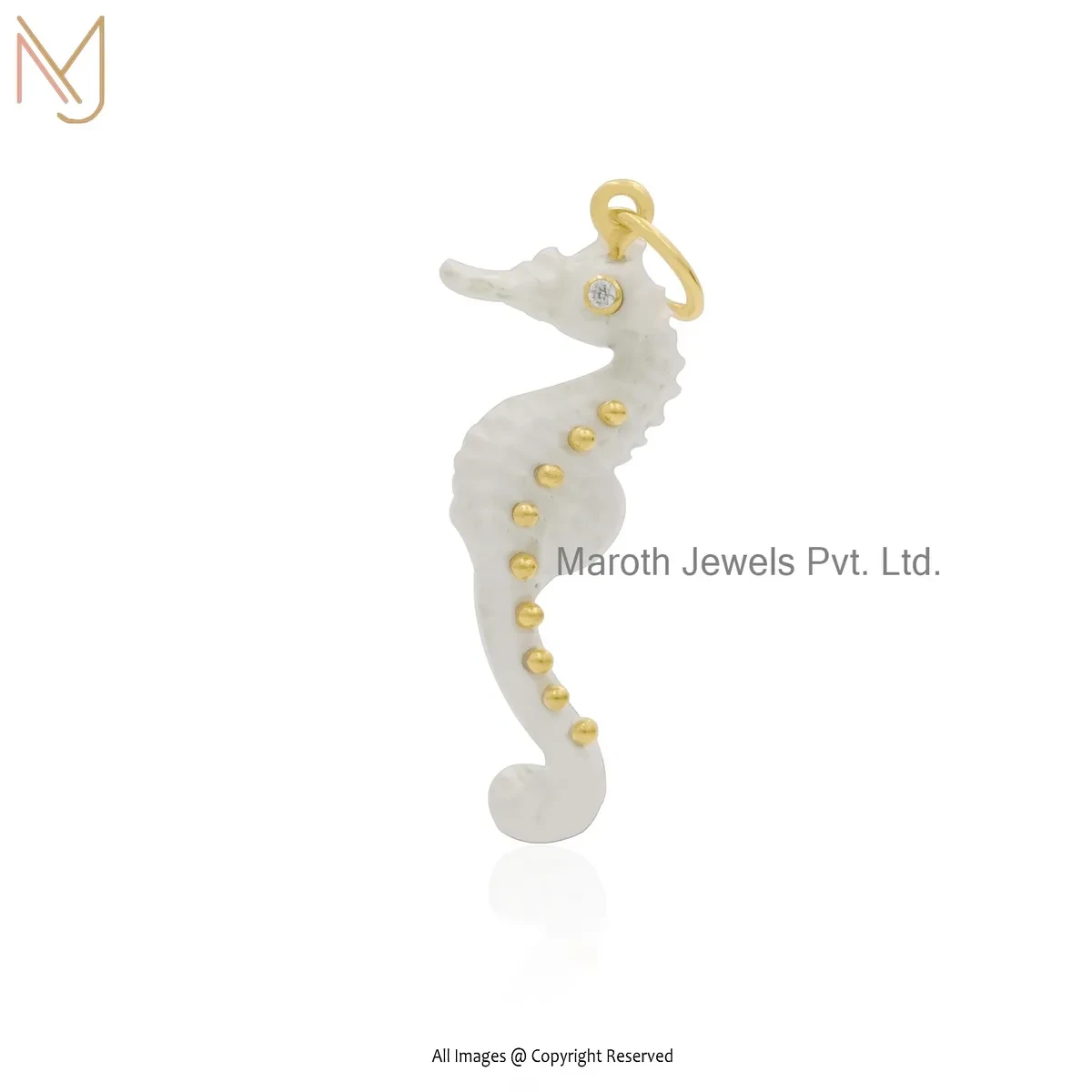 14K Yellow Gold Red Coral & Cubic Zircon Seahorse Pendant Manufacturer