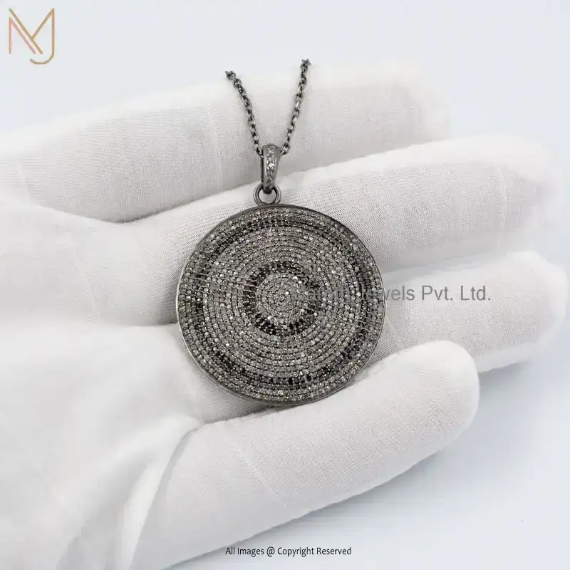 Wholesale 925 Silver Rhodium Plated Diamond & Black Diamond Disc Pendant Jewelry