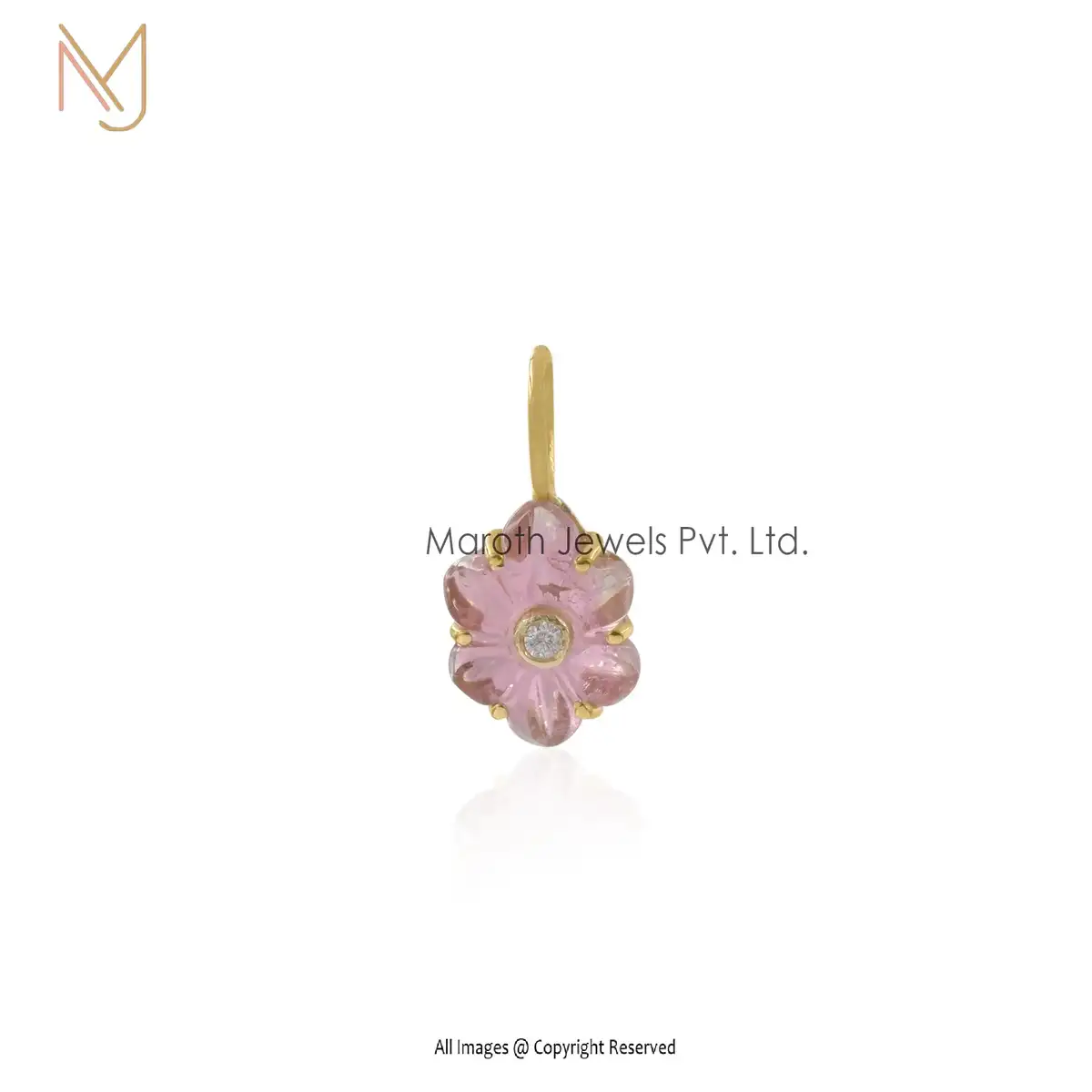 14K Yellow Gold Rose Quartz And White Topaz Flower Shape Pendant Jewelry USA