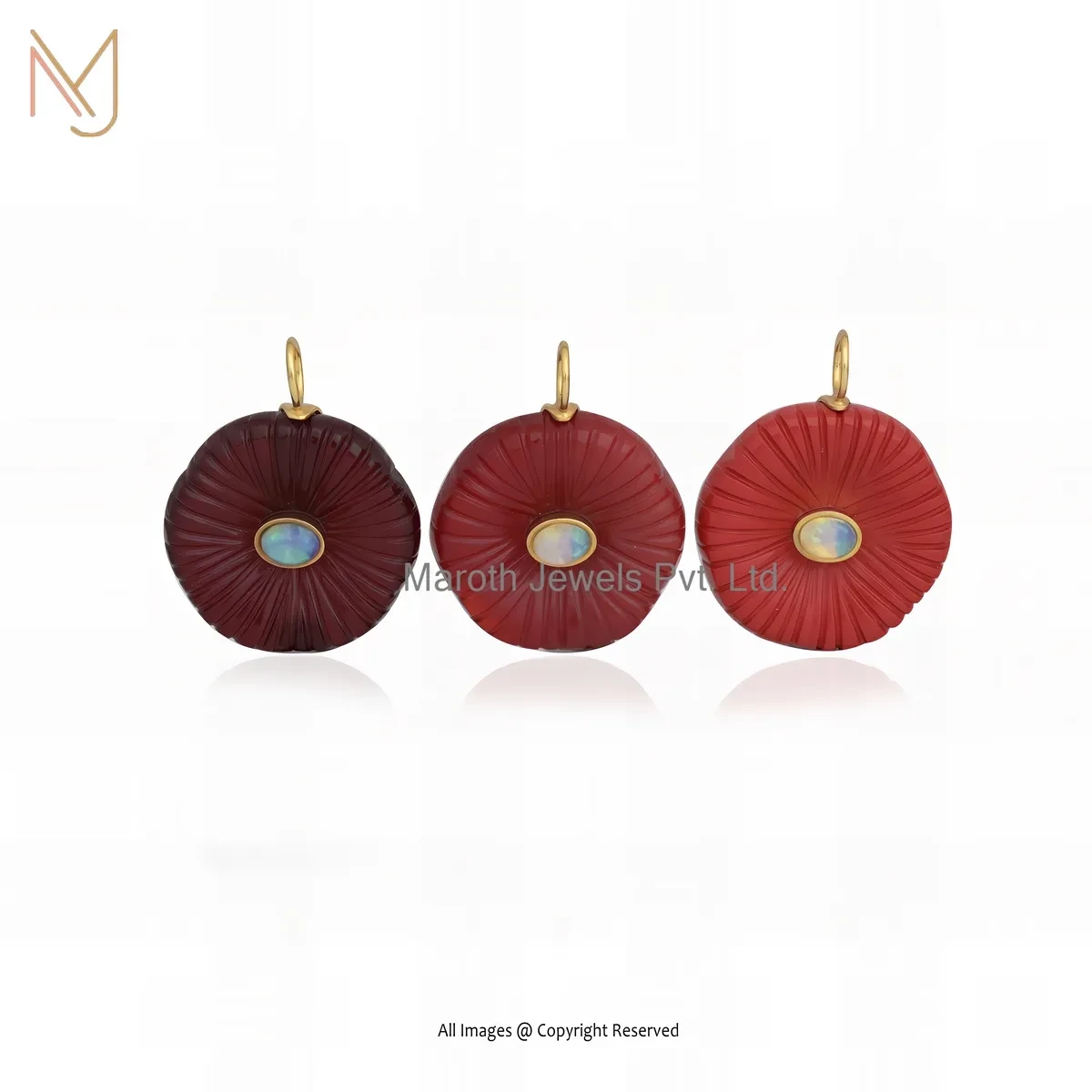 Wholesale 14K Yellow Gold Red Coral And Ethiopian Opal Gemstone Flower Pendant