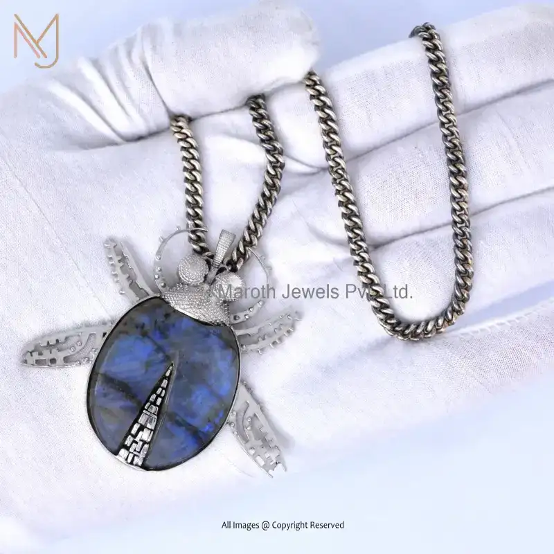 925 Silver Rhodium Plated Blue Labradorite Scarab Bug Pendant Jewelry Supplier