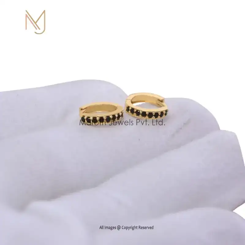 925 Silver Yellow Gold Plated Black Diamond Huggies Earrings Jewelry Manufacturer