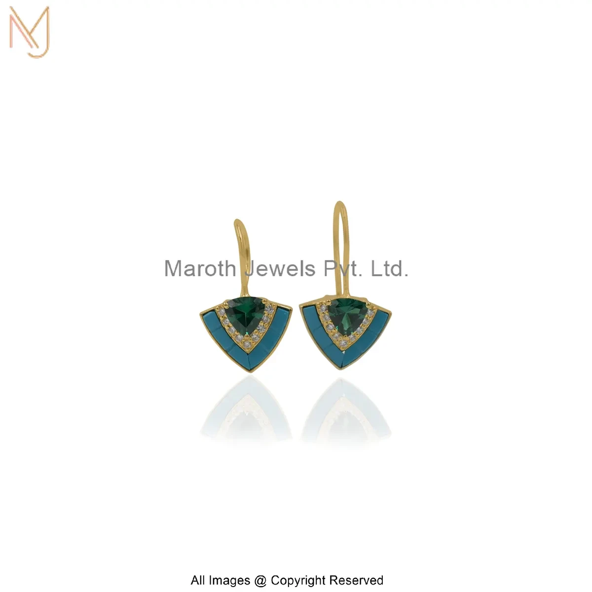 14K Yellow Gold Cubic Zircon Emerald Blue Fan Drop Earrings Manufacturer