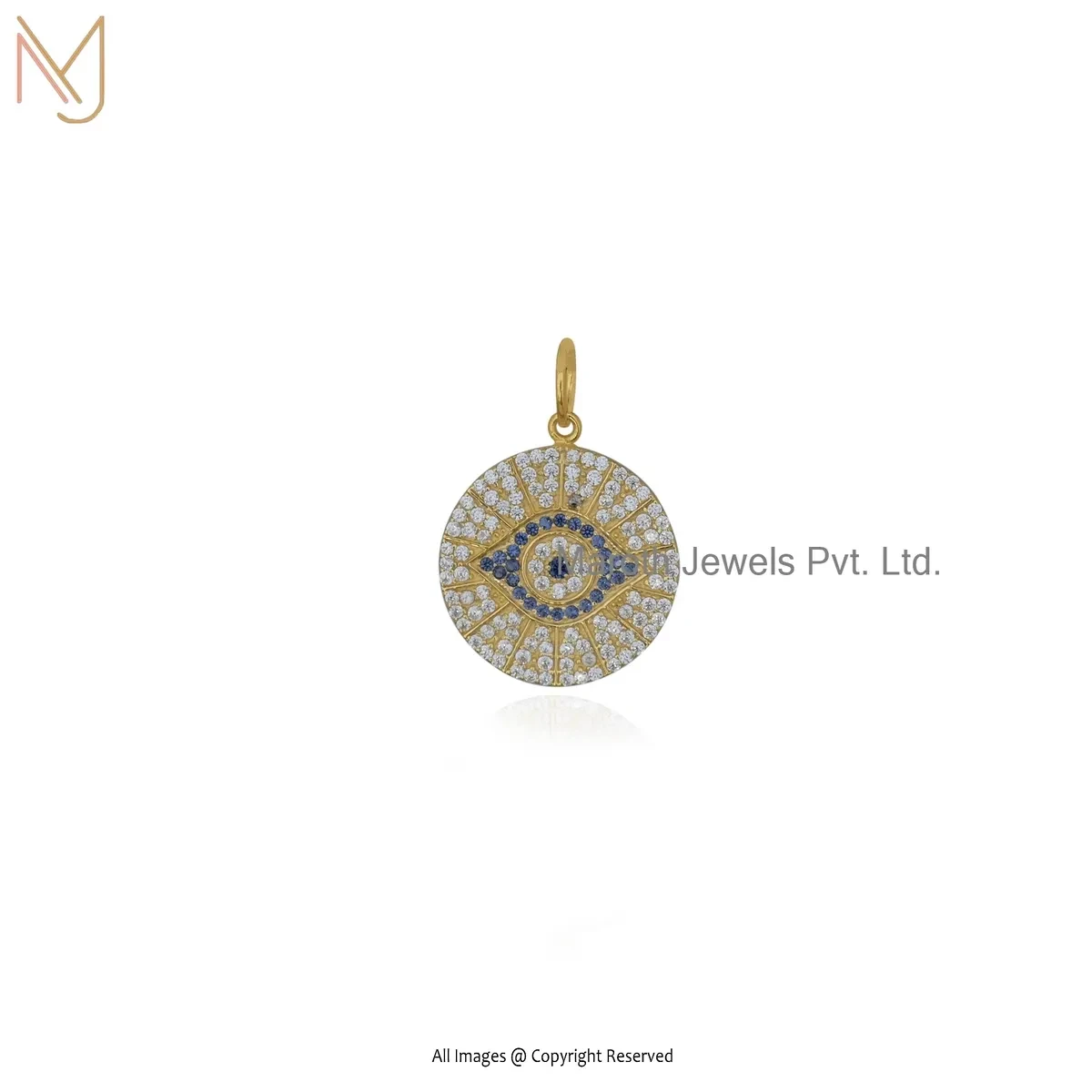 Private Lable 925 Silver Yellow Gold Plated Blue Sapphire & Cubic Zircon Evil Eye Charm Pendant
