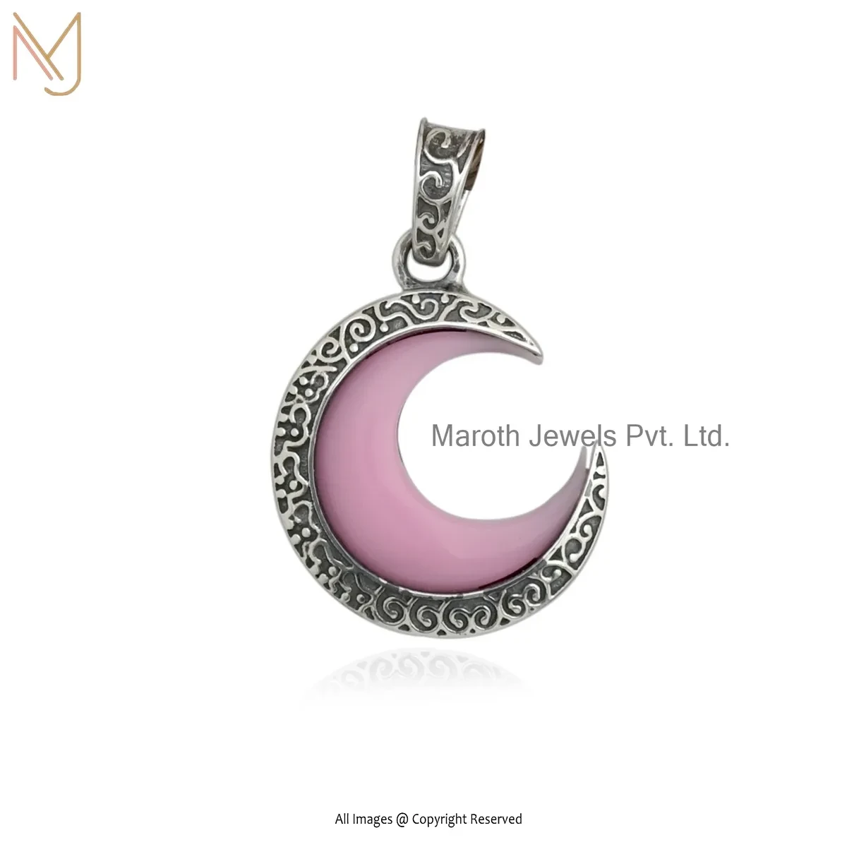 Wholesale 925 Silver Natural Silver Plated Oxidized & Pink Opal Gemstone Half Moon Charm Pendant
