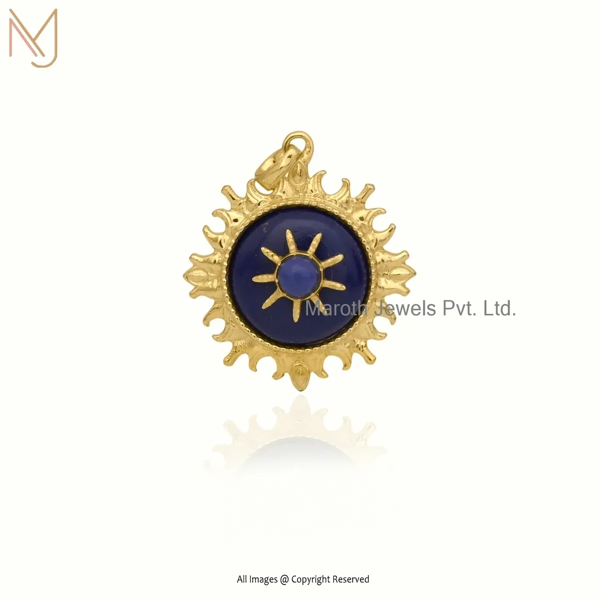 925 Silver Yellow Gold Plated Lapiz Lazuli Sun Disc Pendant Custom Jewelry