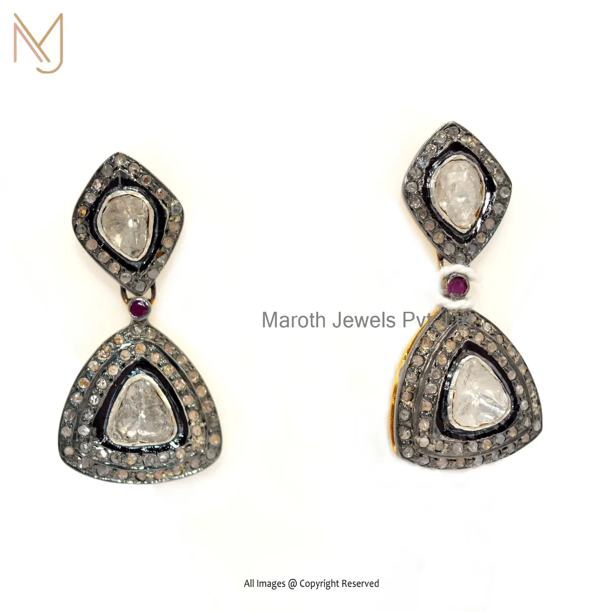 Wholesale 925 Silver Rhodium Yellow Gold Plated Ruby Pave Diamond Rose Cut Polki Diamond Dangle Earring