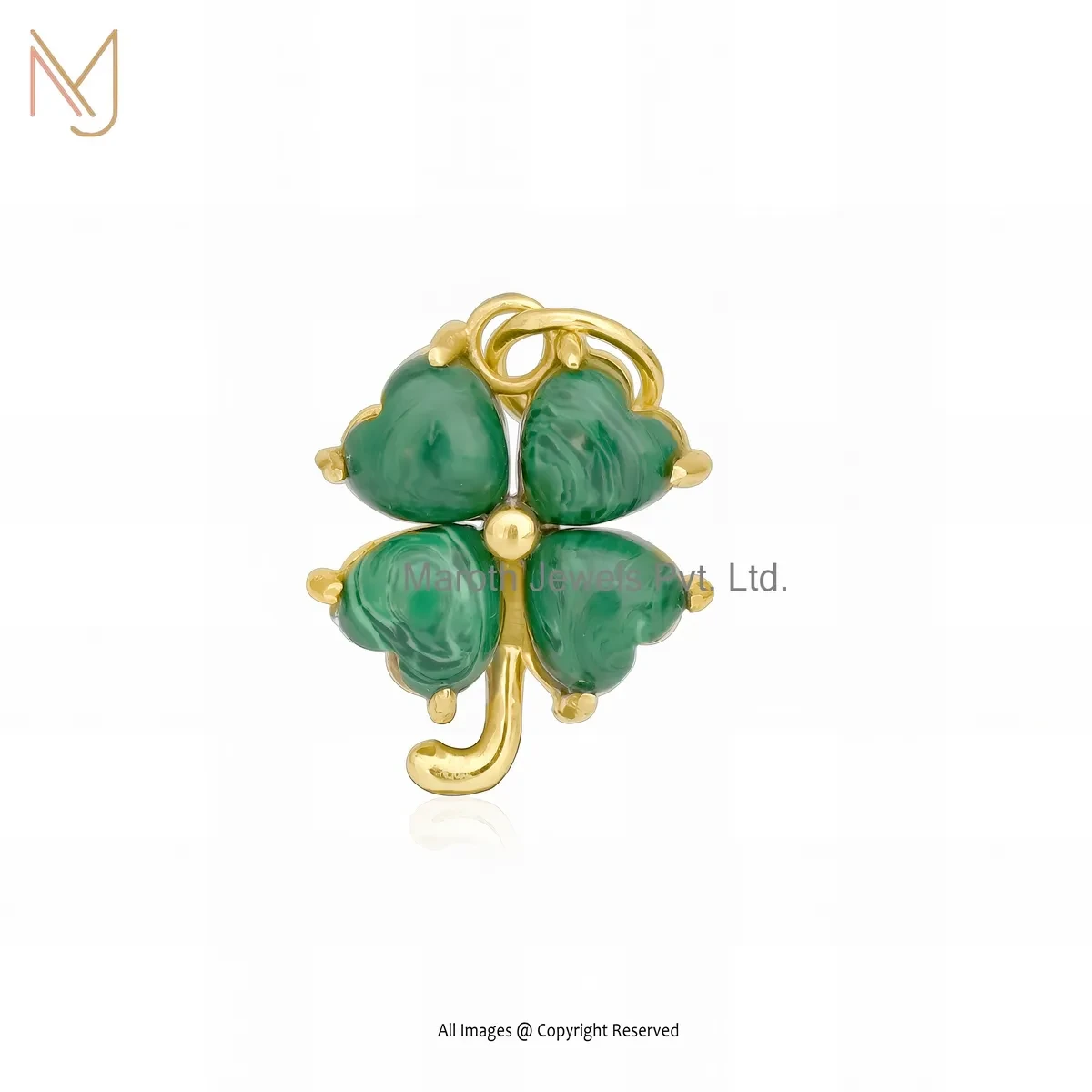 925 Silver Yellow Gold Plated Malachite Heart Shape Leaf Charm Pendant Custom Jewelry