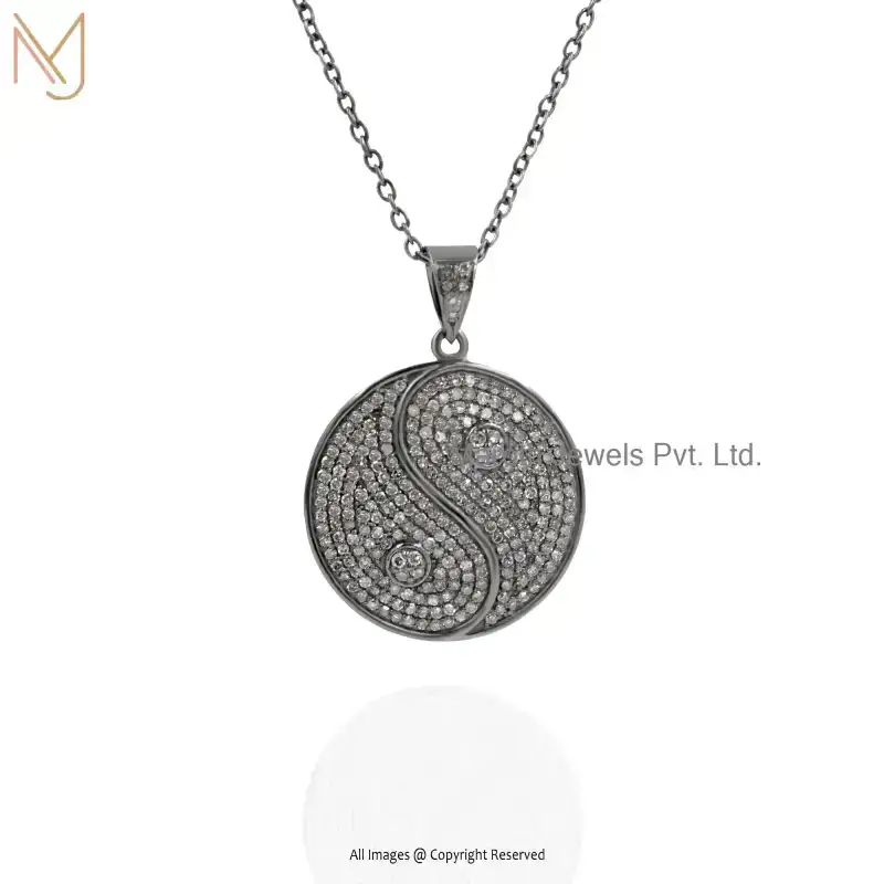 925 Silver Black Rhodium Plated Pave Diamond Yin Yang Symbol Pendant USA