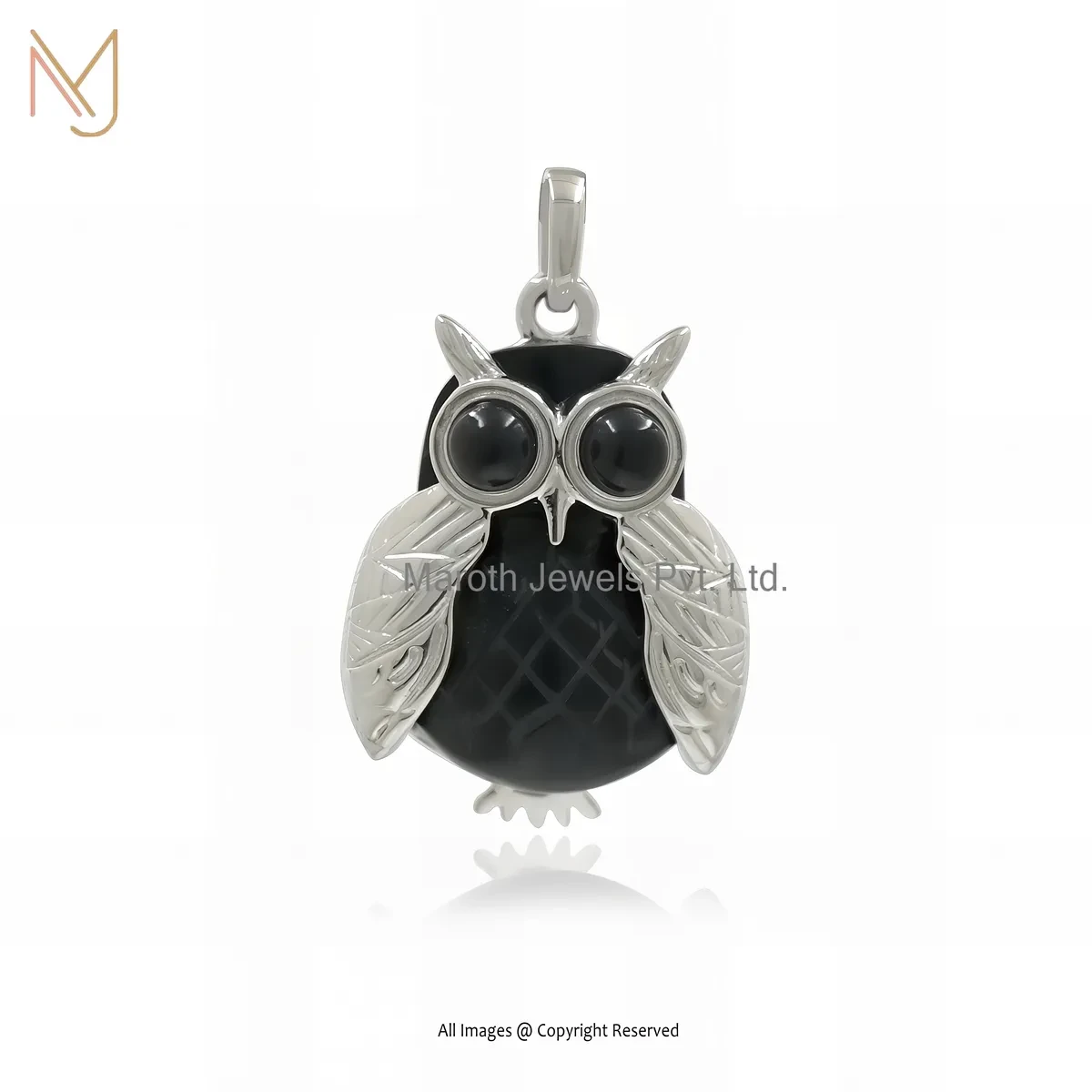 925 Silver White Gold Plated Black Onyx Gemstone Owl Pendant Jewelry Supplier