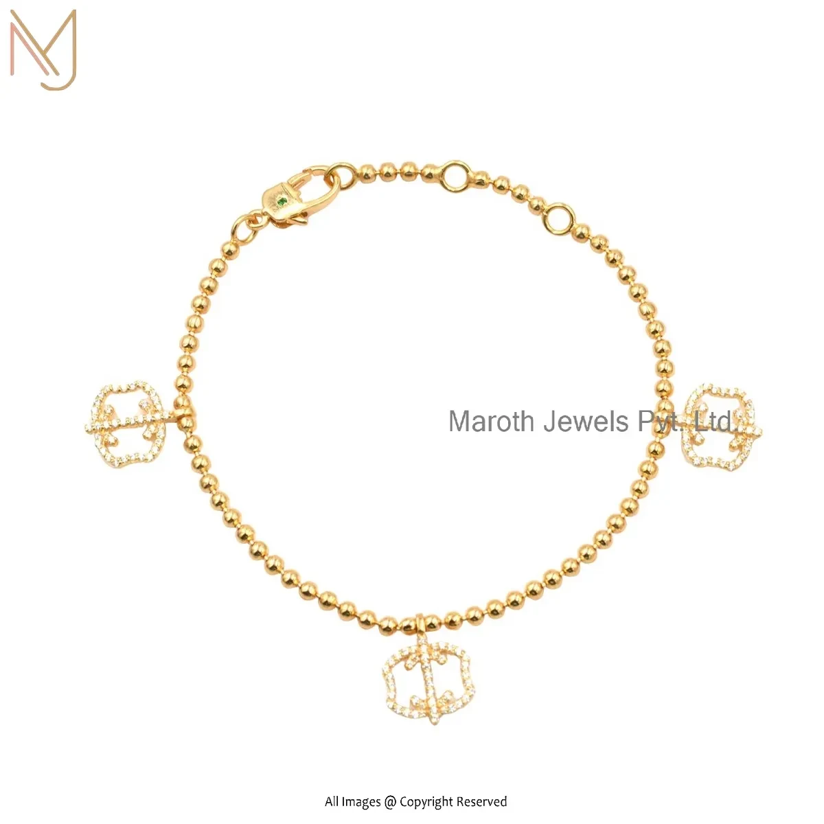 14K Yellow Gold Cubic Zircon Chaînette Triple Monogramme Dorée Chain Bracelet USA