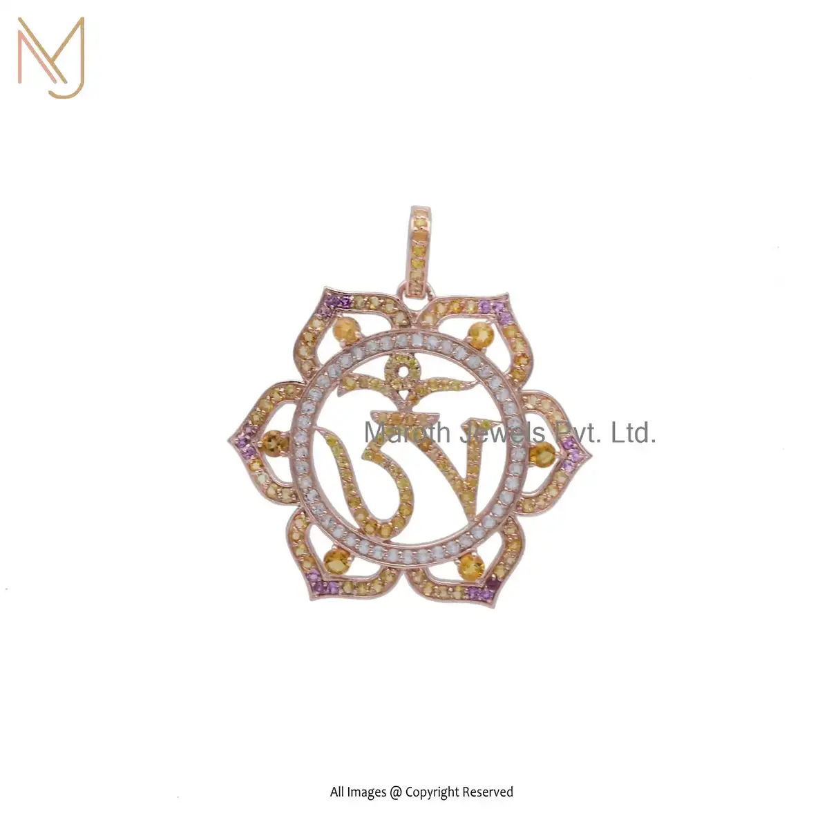 925 Silver Rose Gold Plated White Topaz & Diamond Gemstone OM Pendant Manufacturer