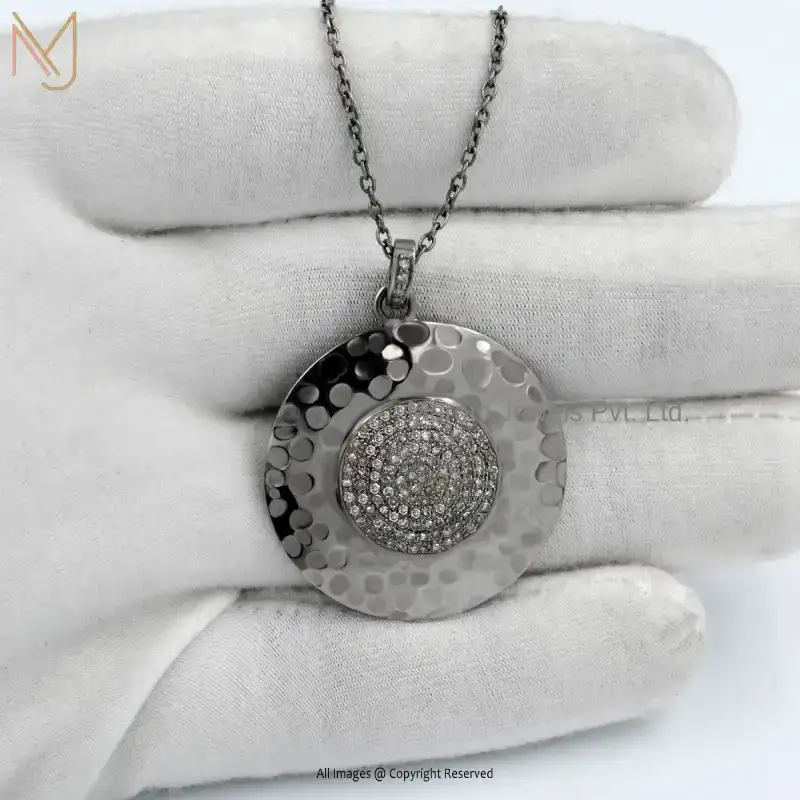 Private Lable 925 Silver Gray Rhodium Plated Pave Diamond Disc Pendant Jewelry
