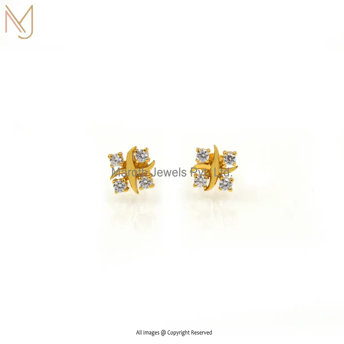 Wholesale 14K Yellow Gold Diamond Cubic Zircon Four Square Sparkled Diamond Studs Earring