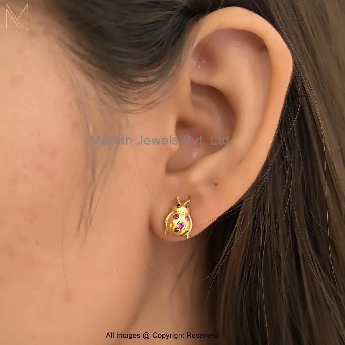 14K Yellow Gold Ruby Cubic Zircon Ladybug Stud Earring Manufacturer