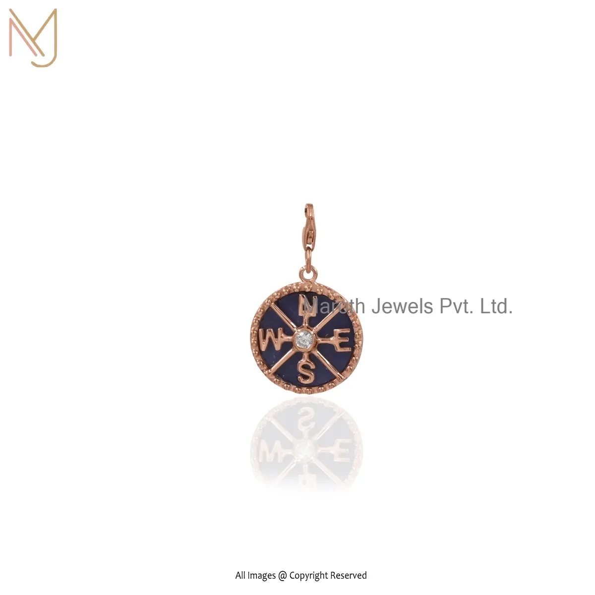 Private Lable 925 Silver Rose Gold Plated Cubic Zircon & Lapiz Lazuli Gemstone Compass Charm Pendant