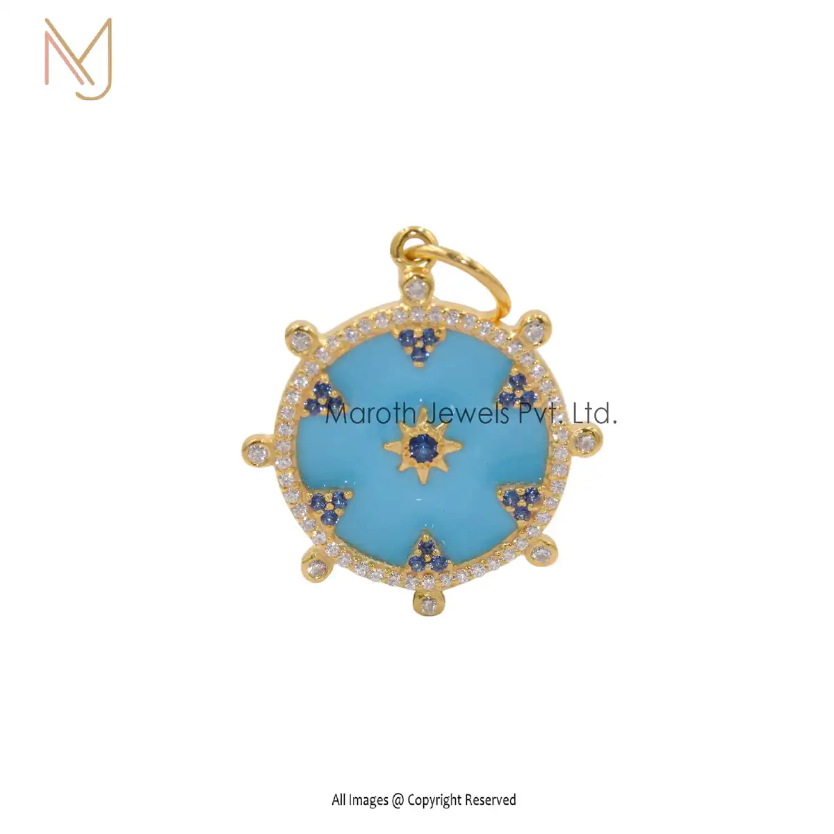 14K Yellow Gold Moissanite Blue Sapphire Gemstone & Enamel Disc Pendant USA