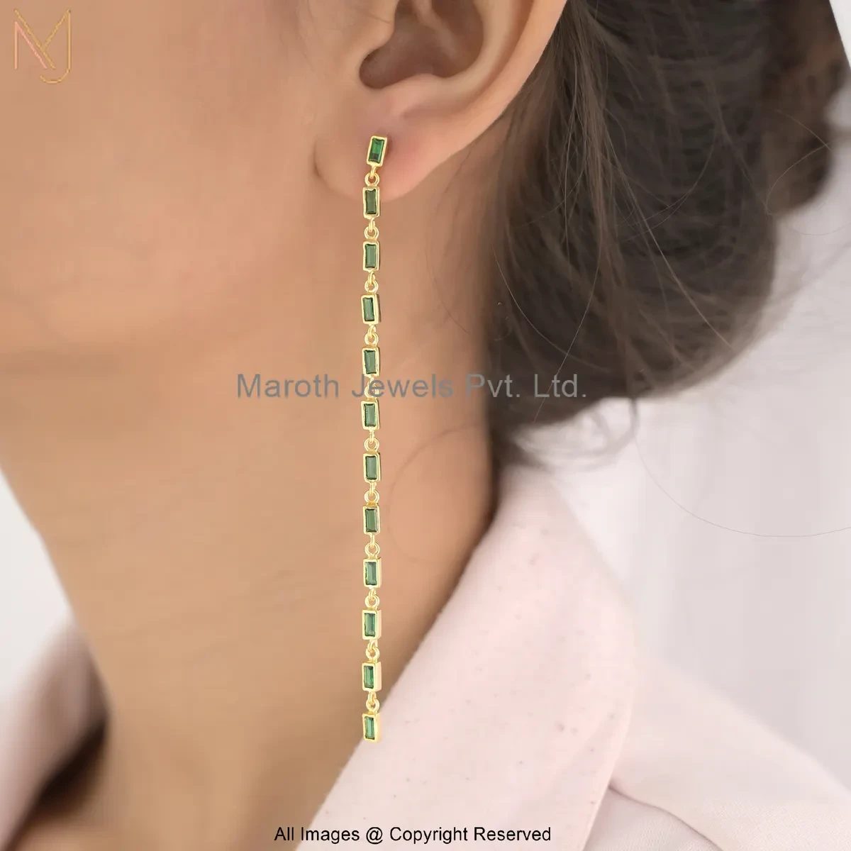 925 Silver Yellow Gold Plated Baguette-Cut Emerald Long Drop Earrings Custom Jewelry