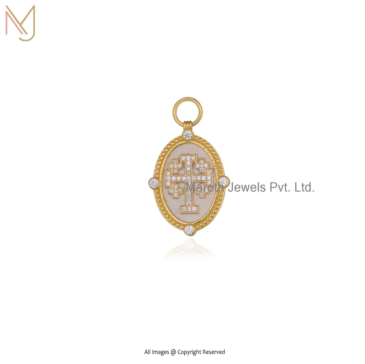 Wholesale 14K Yellow Gold Diamond & Cubic Zircon Oval Cross Pendant