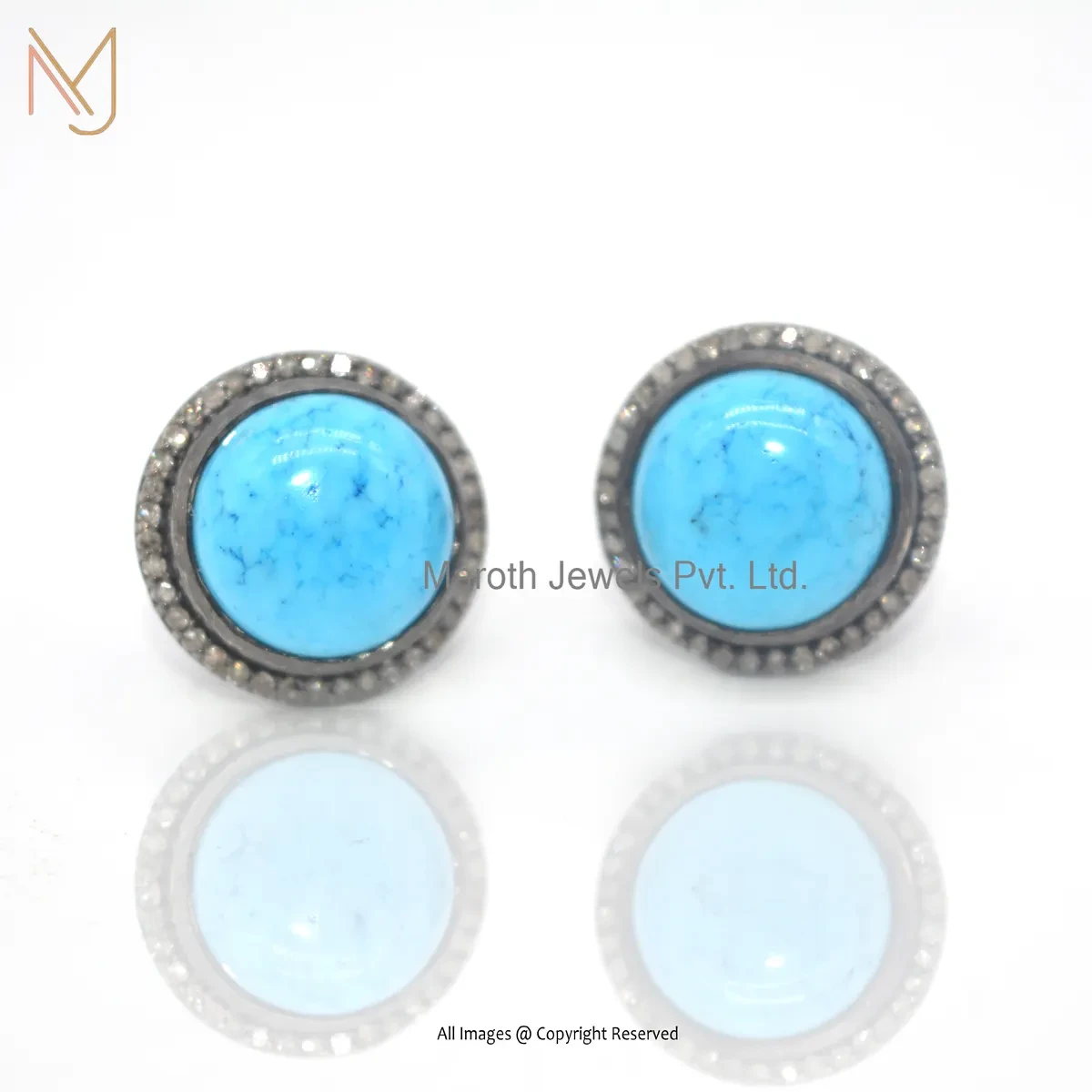 14K White Gold Pave Diamond Turquoise Stud Earring Custom Jewelry