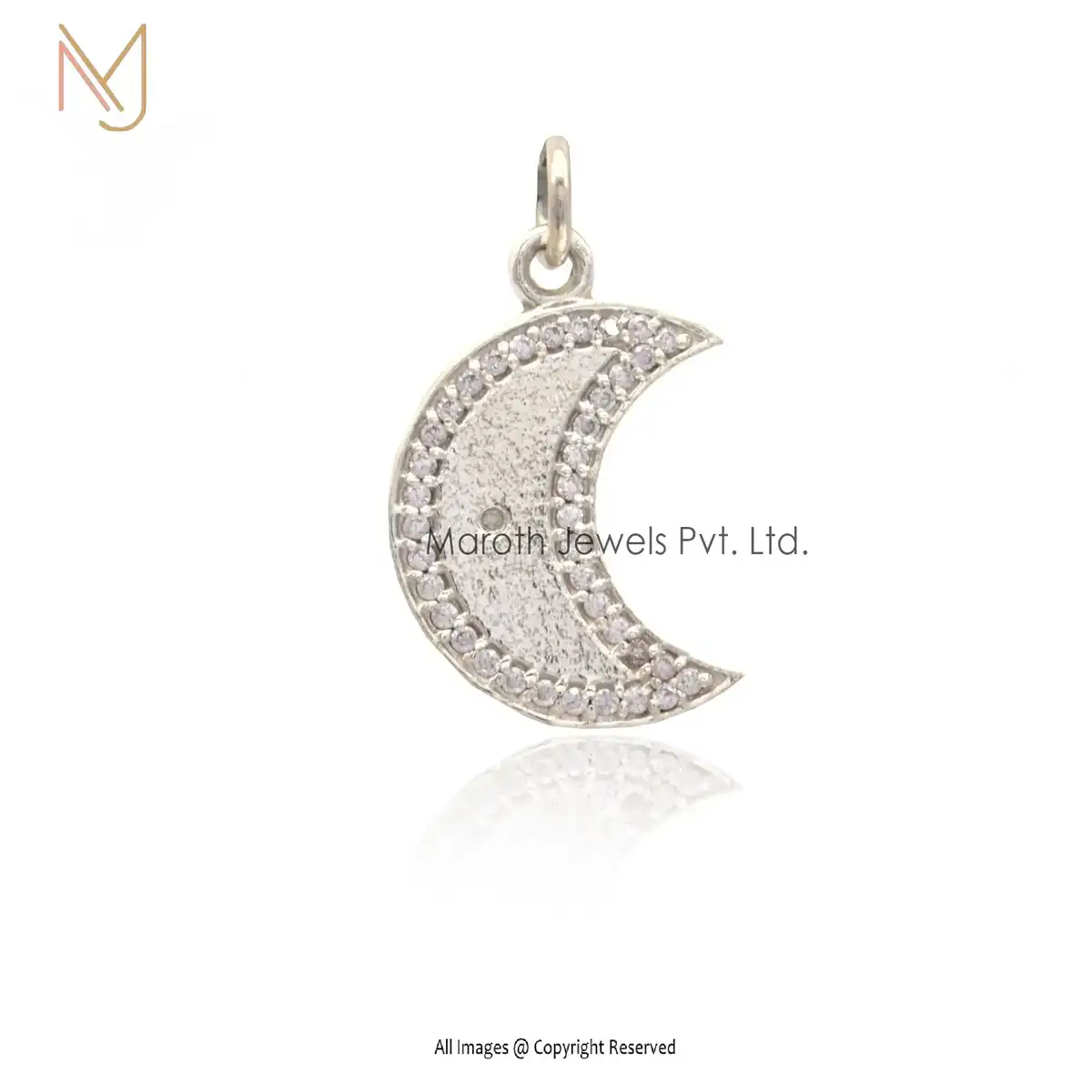 14K White Gold Pave Diamond Crescent Moon Pendant Custom Jewelry