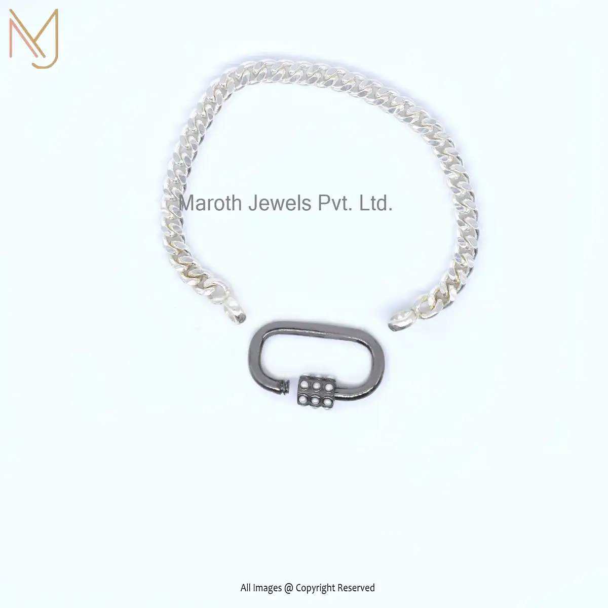 925 Silver Rhodium Plated Curb Chain Pearl Gemstone Carabiner Lock Bracelet USA
