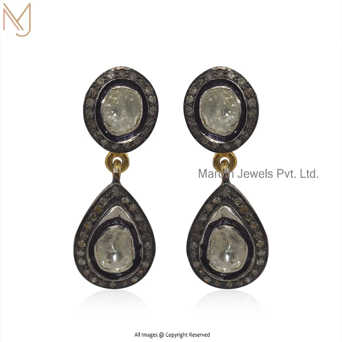 925 Silver Rhodium Yellow Gold Plated Pave Diamond And Polki Rose Cut Diamond Dangle Earring Manufcaturer