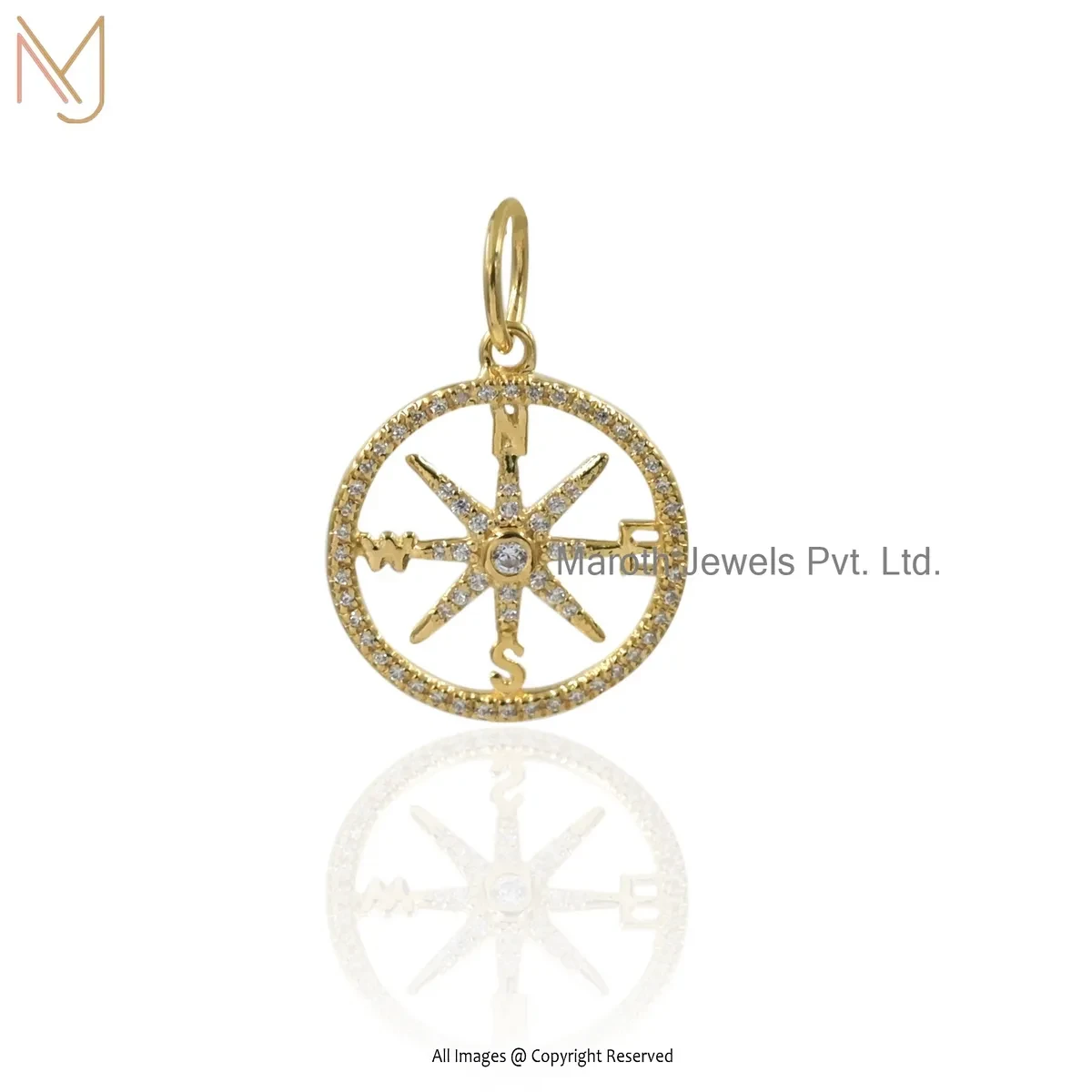 925 Silver Yellow Gold Plated Cubic Zircon Compass Pendant Custom Jewelry