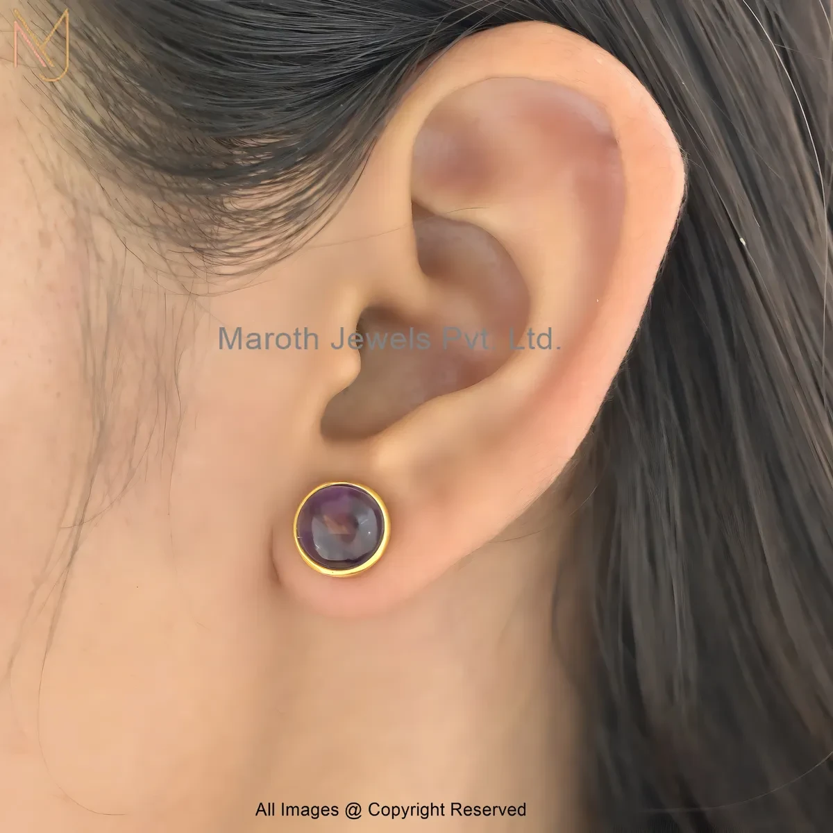 925 Silver Yellow Gold Plated Gemstone Mystic Blue Glow Round Stud Earrings Manufacturer