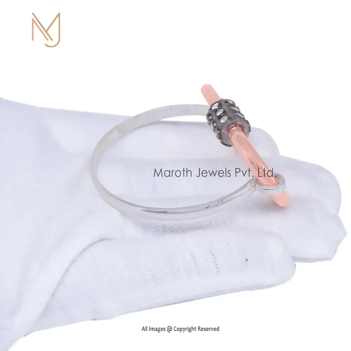 Private Lable 925 Sterling Silver Natural Silver Cuff Bangle Pave Diamond Carabiner With Bangle Jewelry