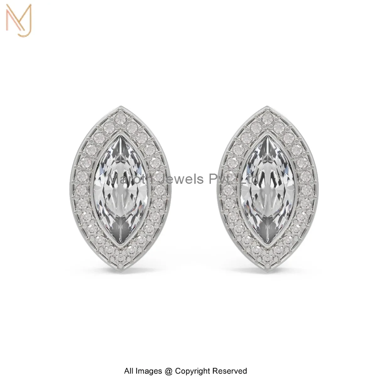 14K White Gold Marquise-Cut Diamond Stud Earring Custom Jewelry