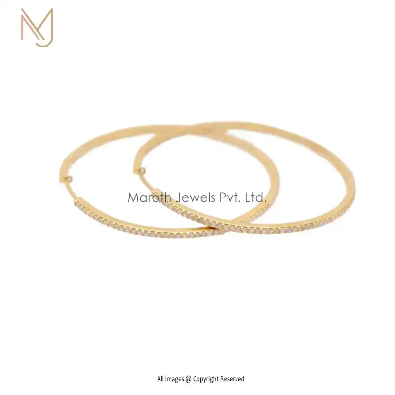 925 Sterling Silver Yellow Gold Plated Pave Diamond Hoop Earrings Exclusive Jewelry Manufacturer
