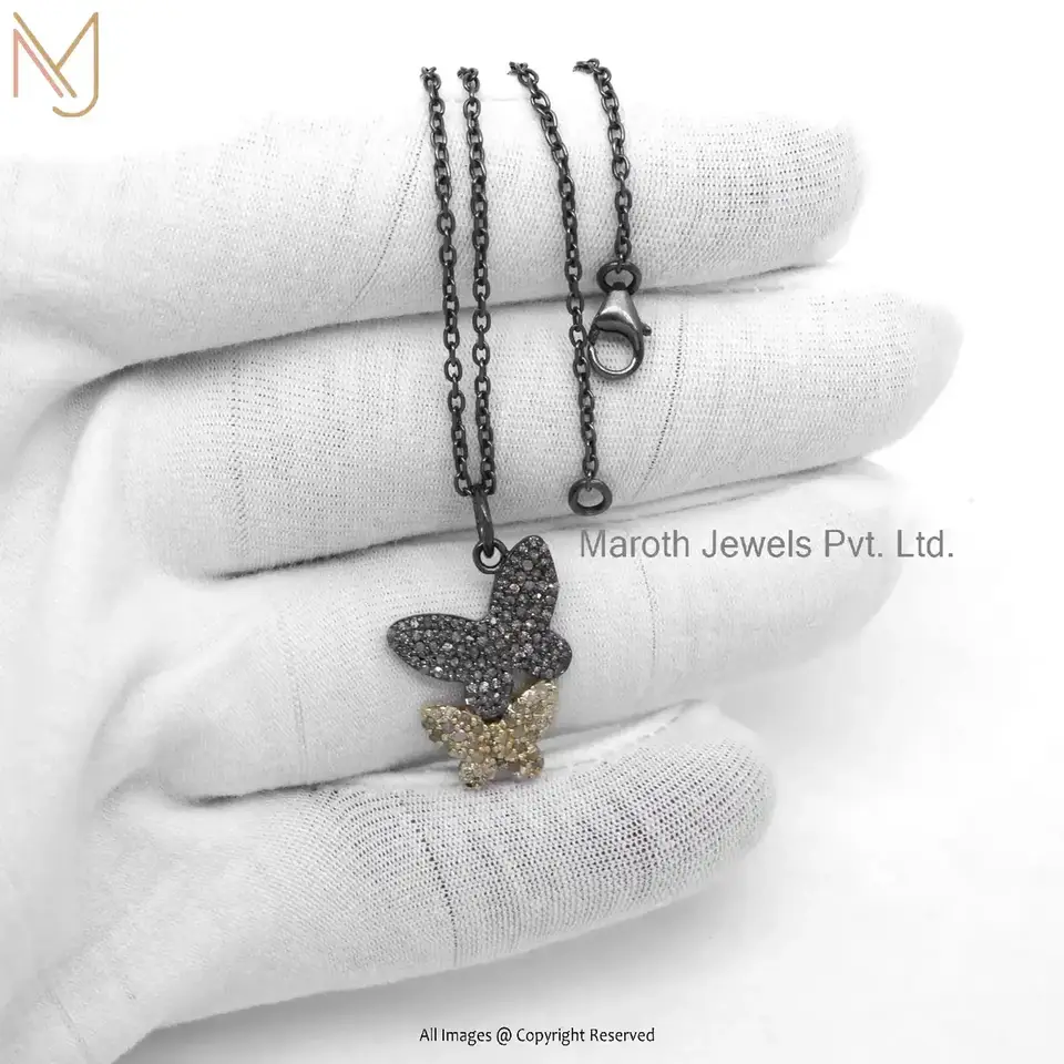 Wholesale 925 Silver Yellow Gold Rhodium Plated Pave Diamond Two Butterfly Pendant